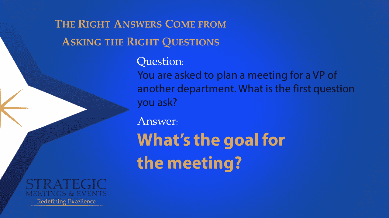 You are asked to plan a meeting for a VP of another department. What is the first question you ask