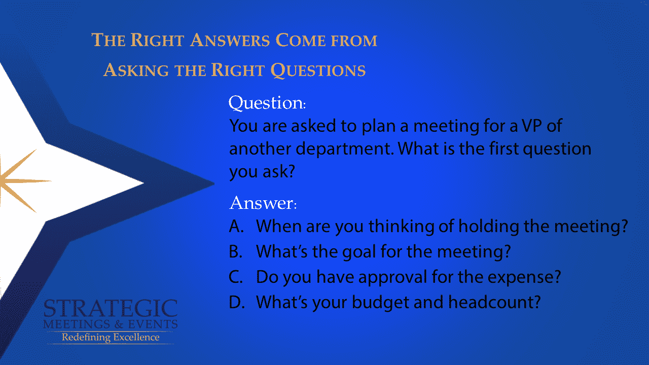 You are asked to plan a meeting for a VP of another department. What is the first question you ask?